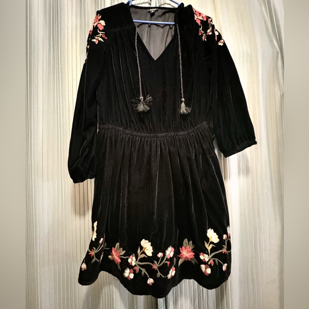 Black velvet dress with embroidered flowers